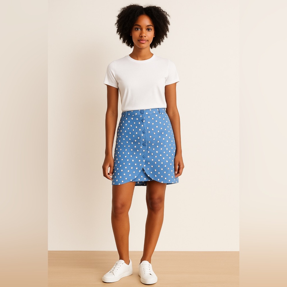 H&M Divided Blue Polka Dot Button Tulip Cut Skirt | Size 38 (US 6)